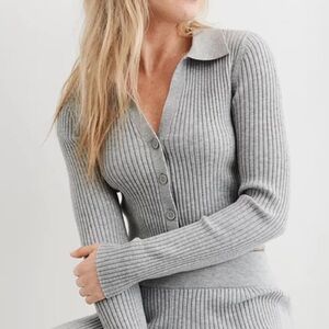 Aerie Gray Ribbed Button-Up Polo Cardigan